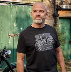 Black, 100% cotton, organic tshirt featuring a design by ZiggyMoto showing a Yamaha AG100 motorcycle and the script "Two Wheels for Life"