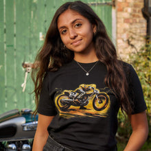 Black, 100% cotton, organic tshirt featuring a design by ZiggyMoto showing a Yamaha an image of Kenny Roberts racing a dirt track bike.